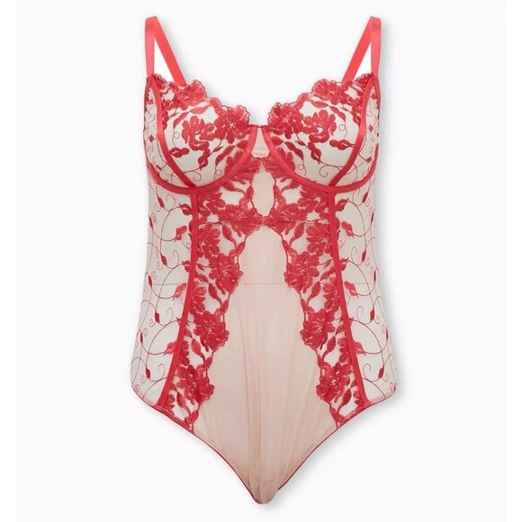 NWT Boysenberry Pink Two Tone Floral Embroidered Sheer Mesh Bodysuit Size 3X 3 - Picture 1 of 7